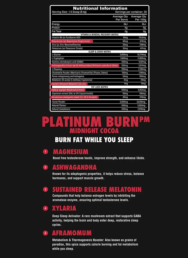 Platinum Burn PM ingredient list and nutritional information showing magnesium, ashwagandha, sustained-release melatonin, xylaria extract, and Aframomum for nighttime fat burning and deep sleep support.